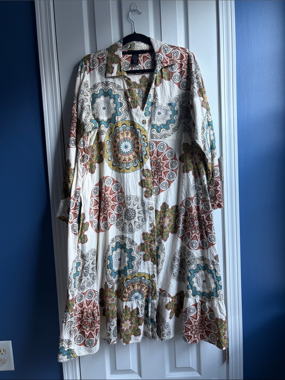 Ashley Stewart Linen Cotton Blend Boho Medallion Print Button-Front Shirt Dress